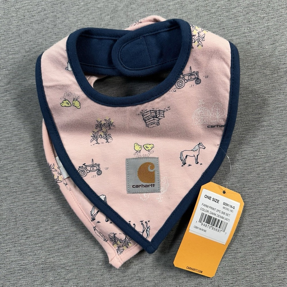 Carhartt Kids Baby Bib One Size Farm Scene Horseshoes Barn Tree 2 Piece NEW